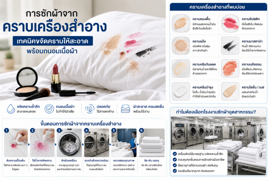 ซักผ้าเปื้อนเครื่องสำอาง ซักผ้าอุตสาหกรรม ซักผ้าโรงแรม