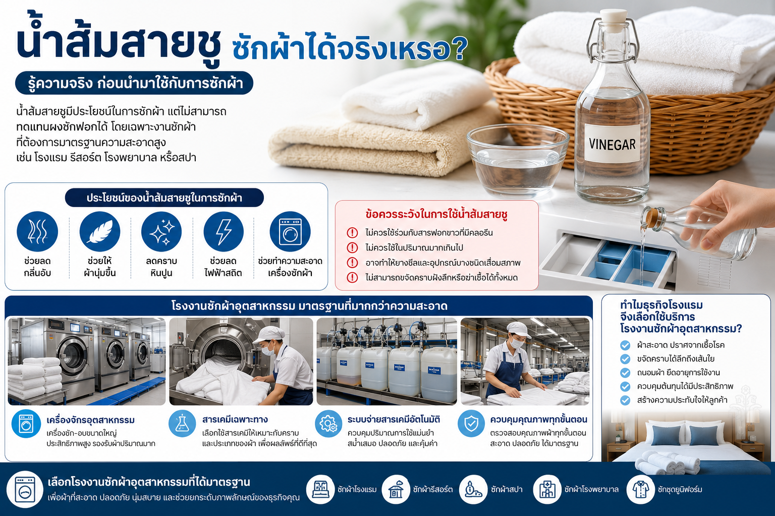 น้ำส้มสายชูซักผ้า ซักผ้าอุตสาหกรรม ซักผ้าโรงแรม