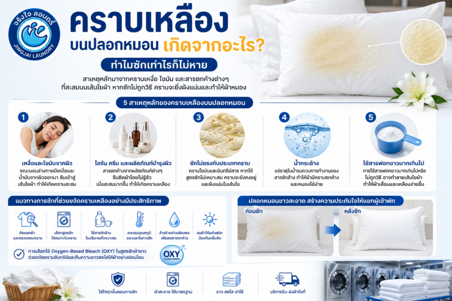 คราบเหลืองบนปลอกหมอน ซักผ้าโรงแรม ซักผ้าอุตสาหกรรม